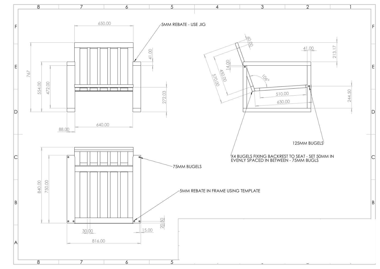Outdoor armchair general arrangement drawing