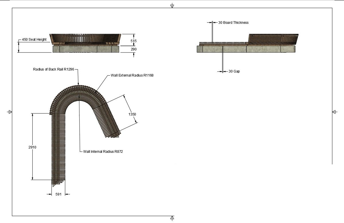 Curved outdoor seat plan and elevation