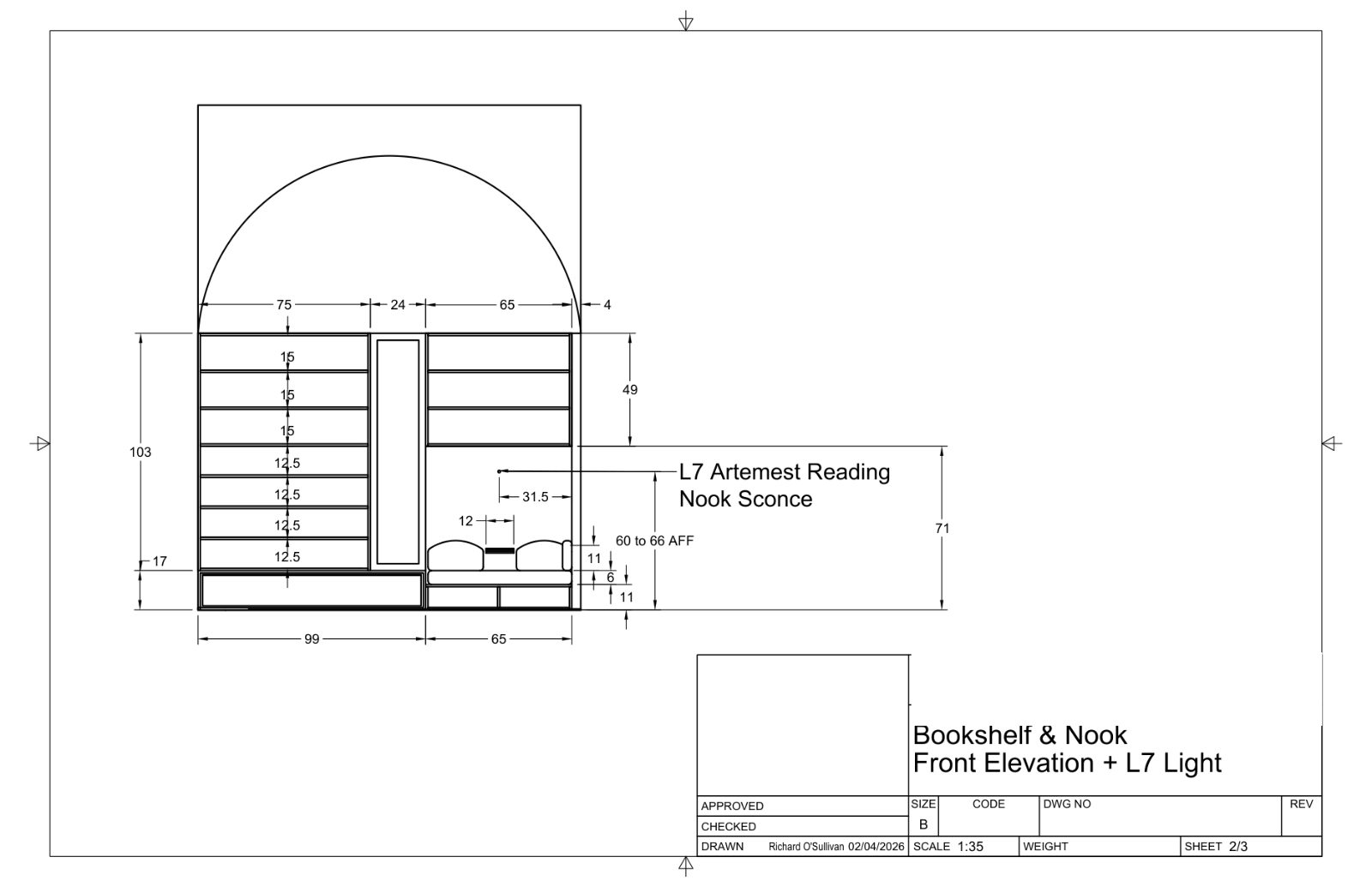 Bookshelf and nook front elevation