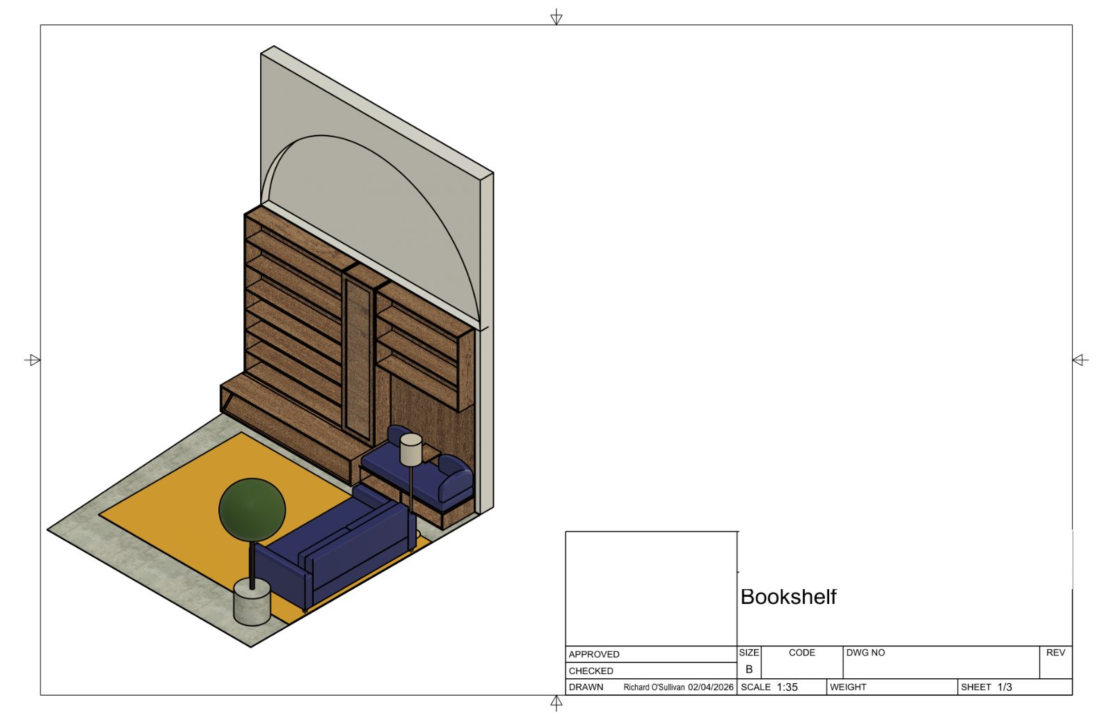 Built-in bookshelf and reading nook, isometric
