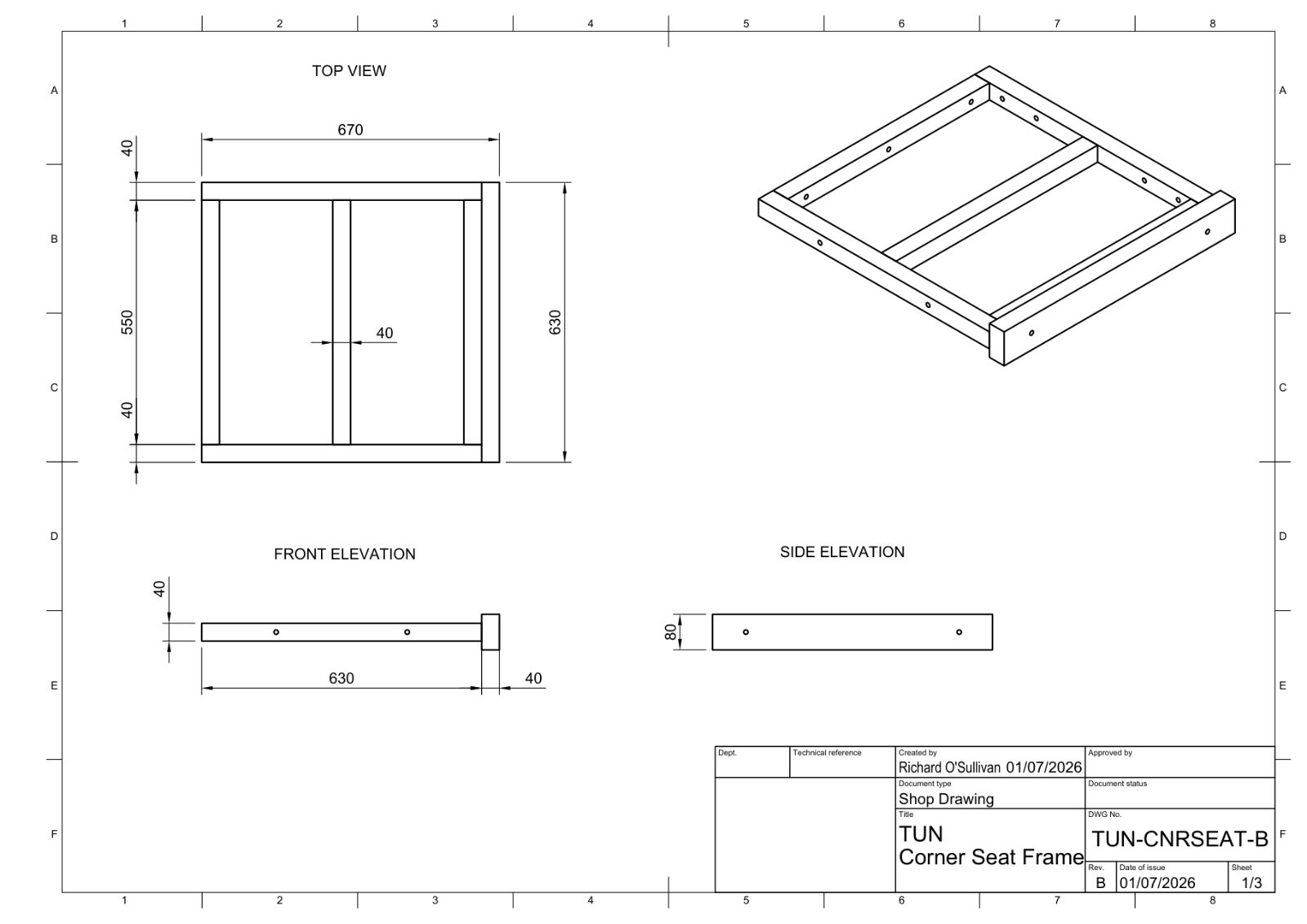 Shop drawing of the corner seat frame